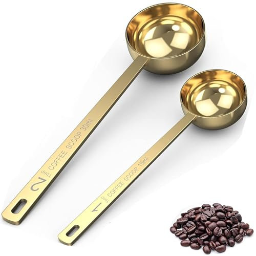 tiokin 2 Pieces 1&2 15ml 30ml Coffee Measuring Sets with Long Handle, Stainless Steel Tablespoon Scoops 1 Tbsp & 2 Tbsp Measuring Tablespoon for Ground Coffee, Loose Tea,Milk Brewin and Powder(Gold)