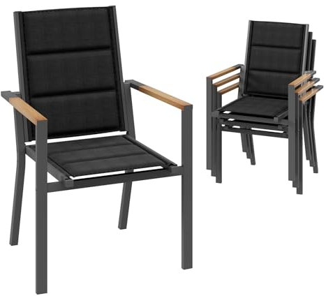Devoko Gartenstuhl Set 4, Stapelbare Aluminium Esszimmerstühle, Maximale Belastung 160kg, Balkonstühle, Für Garten, Pool, Terrasse, Esszimmer, Gartenmöbel, Dunkelgrau & Holz