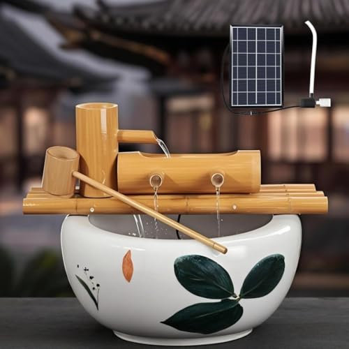 MOFGOE Fontaine Solaire en Bambou avec Pompe, décoration en Bambou résistant aux Fissures, Cascade Japonaise en Bambou pour terrasse, Cour, Bassin à Poissons, Jardin,30cm