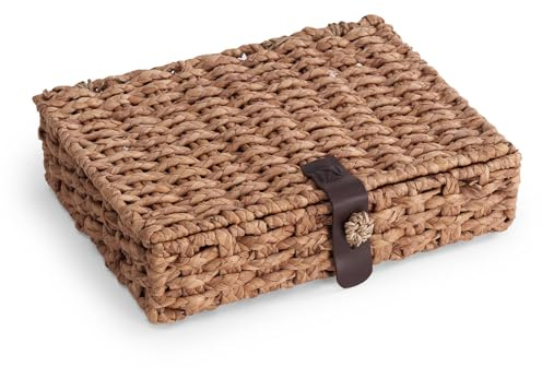 LOHONER Decorative Box with Lid, Wicker Storage Basket, Water Hyacinth Woven Decorative box for Shelf, Coffee Table, Console Table, Home Decor (Large)