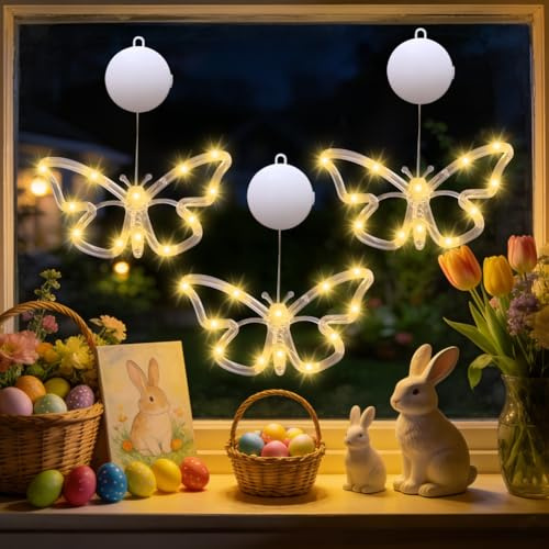 Osterdeko Led Fenster Licht, 3 Stück Frühling Deko LED Lichterkette Schmetterling zum Aufhängen, Fensterbeleuchtung Ganzjährig, Batteriebetrie, Fenster Deko LE-D für Draußen & Innen, Zuhause Party