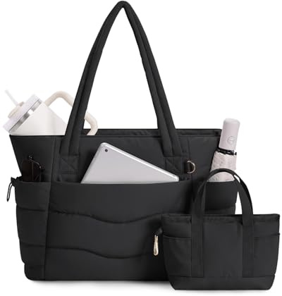 Wandering Nature Tote Bags for Women with Zipper, Set of 2 Shoulder Handbags with 15.6 Inch Laptop Compartment & Water Bottle Pocket for Work School Travel College (Patent Pending)