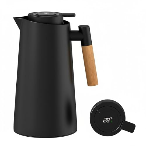 Caraffa Termica da Caffè 1L Thermos con Indicatore di Temperatura Caraffa Termica Manico in Legno Bollitore per Acqua Isolata Teiera da Tè Mantiene Caldo Freddo Per Caffè Latte Tè (Nero)