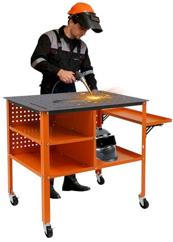Owneed Tavolo per saldatura mobile, 111 x 60 cm, capacità di carico 500 kg, panca per saldatura in metallo, con ruote, tavolo degli attrezzi per garage, officina, taglio, levigatura