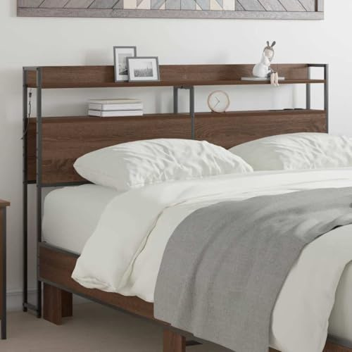Owoxanthellate Tête de lit Console de lit en chêne marron 120 cm avec étagère LED et espace de rangement, panneau moderne en bois et acier, pour lit double et lit à sommier tapissier