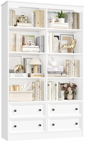 FirFurd Bookcase 180cm Tall Bookshelf with Drawers & Open Compartment White