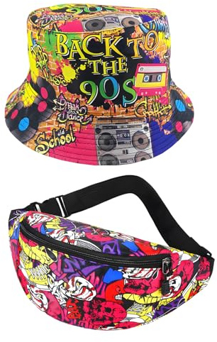 Yuwnd 90er Jahre Outfit Herren, Retro Fischerhut Damen mit Graffiti Schultertasche, Mode der 90er Jahre Accessoires für Damen und Herren, 90er Outfit Damen Komplettset mit Hut und Tasche