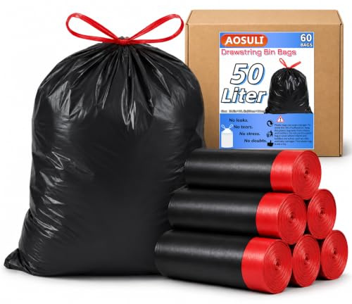 AOSULI Heavy Duty Black Bin Bags 50L, 60 Count Swing Bin Liners for Kitchen | Tear-Resistant, Built-In Drawstring, Leak-Proof, Unscented, Easy to Seal and Lift