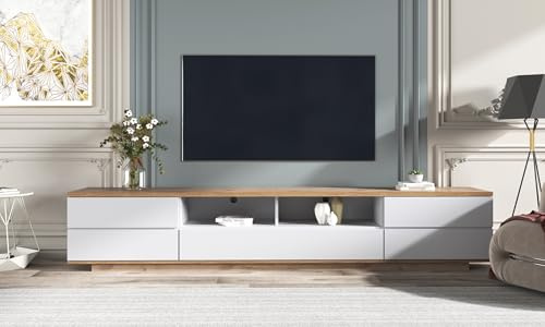 RAPRAP Tv Lowboard Stehend Weiß Holz, 180cm Tv Board Weiss, Tv Schrank Holz mit 5 Türen & Holzfüßen - Fernsehschrank Modern,N