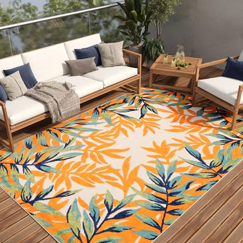 TAPISO Patio Outdoor Teppich Mehrfarbig Motiv Blätter Natur, Wetterfest und Pflegeleicht,UV-Fest - Ideal für Terrasse Balkon Garten 150 x 240 cm