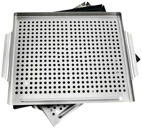 FUBESK Stainless Steel Grill Pan with Drainage Holes for BBQ, Perforated Baking Tray Griddle Pans for Charcoal Electric Grills,Silver 29.5×35.7×2.3cm