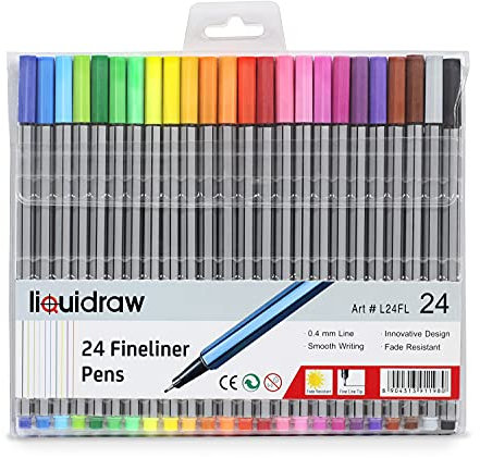 Liquidraw Fineliner Colouring Pens - 24 Pack | 0.4 mm Fine Tip | Assorted Vibrant Colours | Innovative Design Ideal for School, Work & Office Use | Easy Storage See-Through Wallet | Fade Resistant