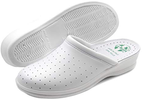 Poligono Chanclas sanitarias anatómicas para hombre y mujer, zapatillas ortopédicas cómodas con parte superior de piel auténtica perforada,mujer Blanco 36