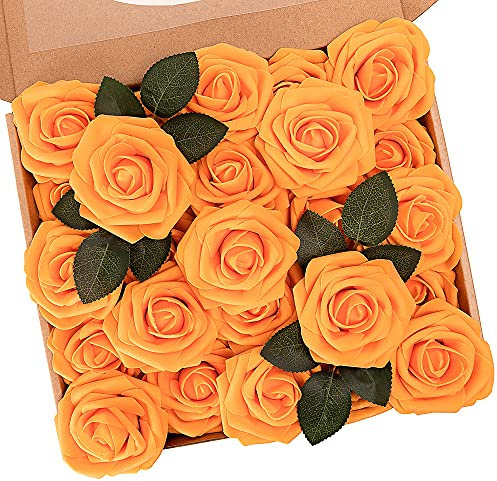 N&T NIETING Rose artificiali in schiuma sintetica, 25 rose finte al tatto, fai da te, per matrimoni, bouquet da sposa, San Valentino, festa della mamma, decorazione per la casa, colore arancione