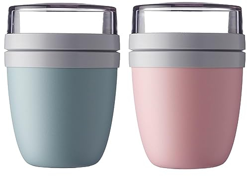 Mepal - 2 x Lunchpot Ellipse - Nordic green + Nordic pink - praktischer Müslibecher, Joghurtbecher, to go Becher - Geeignet für Tiefkühler, Mikrowelle und Spülmaschine