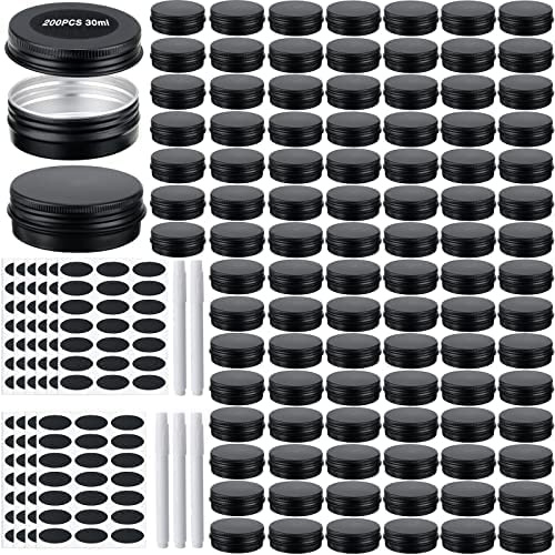 Zubebe 200 Pack Metal Tins with Lids Bulk Screw Top Aluminum Tin Containers Round Tin Cans for Cosmetic Lip Balm DIY Salves Candles Wax with 5 Markers 10 Sheets Label Stickers (Black,1 oz)