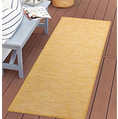 carpet city Outdoor Teppich Terrasse Wetterfest - 80x150 cm - Balkonteppich Gelb - Geometrisches Muster - In-& Outdoor Teppiche für Veranda, Garten, Küche, Bad oder Wohnzimmer