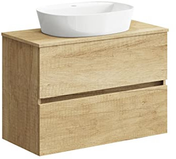 Baikal Mueble de Baño Onyx, 2 cajones, suspendido en Pared, con Lavabo cerámico. Mueble Montado, Melamina 16,Mueble F39 + Top + Lavabo 80 cm Nature