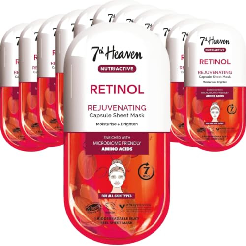 7th Heaven Retinol Nutriactive Rejuvenating Sheet Face Mask, Moisturising and Brightening Care, Enriched with Amino Acids, Helps Smooth Surface for Fresh, Radiant-Looking Skin, Vegan Approved