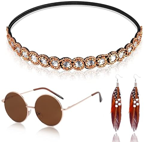 Brateuanoii Hippie Kostüm, Feder Ohrringe, Hippie Accessoires, Hippie Haarband, Vintage Hippie Brille Im Stil 60er 70er Jahre, Boho Stirnband Und Bohemien Natürlich Lang Federtropfen Ohrringe