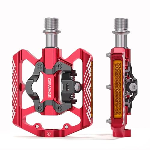 GEWAGE SPD Bike Pedals, 2 in 1 Dual Function Flat and SPD Pedals with Reflector, 9/16 Inch CrMo Axle for MTB Bikes, Road Bikes and E-Bikes (Red)