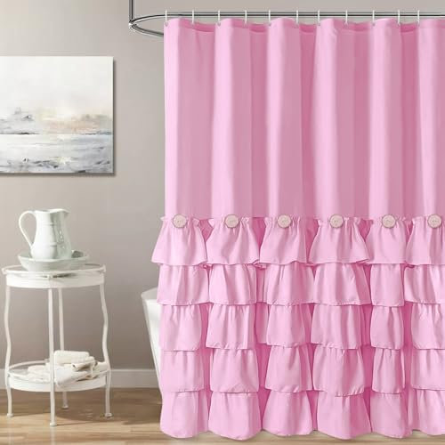 Seasonwood Duschvorhang mit Rüschen, niedlicher Girly-Duschvorhang, Knopf, Bauernhaus-Stil, rosa Stoff, Duschvorhänge für Badezimmer