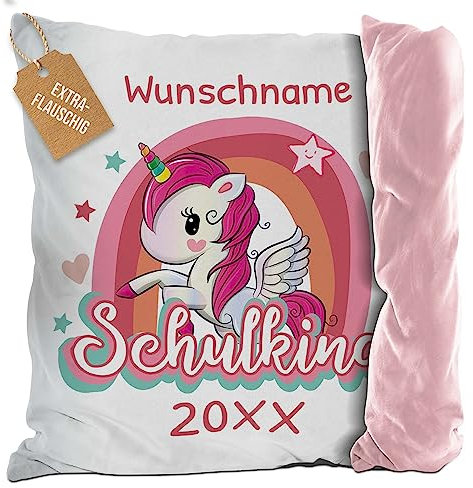 PR Print Royal Flauschiges Kissen zur Einschulung - Schulkind mit Name und Jahr personalisiert - Einhorn Kissen, personalisierte Geschenke zur Einschulung | Rückseite Rosa Flauschig, 40 x 40 cm