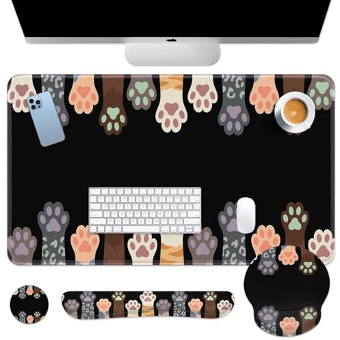 Arttown Multi Cute Cat Dog Desk Mat, 4-in-1 Large Mousepad+Keyboard Wrist Rest+Mouse Wrist Rest+Coaster mit Ergonomischem Design, Non-Slip Mat, Mehrfarbig, Gummi