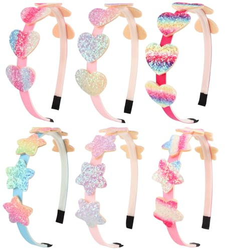 DRESHOW 6 Stück Mädchen Schleife Haarbänder Glitter Kinder Stirnband Herz Stern Haarband für Kleinkinder Teens