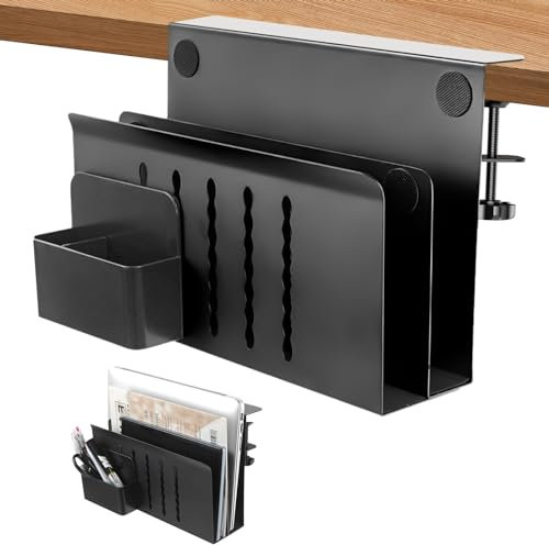 Carseatty Desk Side Storage Hanging Desk Organizer, 2 Tier Steel Under Desk Laptop Holder with Pen Holder, No Drill Under Desk Cable Management Tray, Desk Storage Holder for Office and Home (Black)