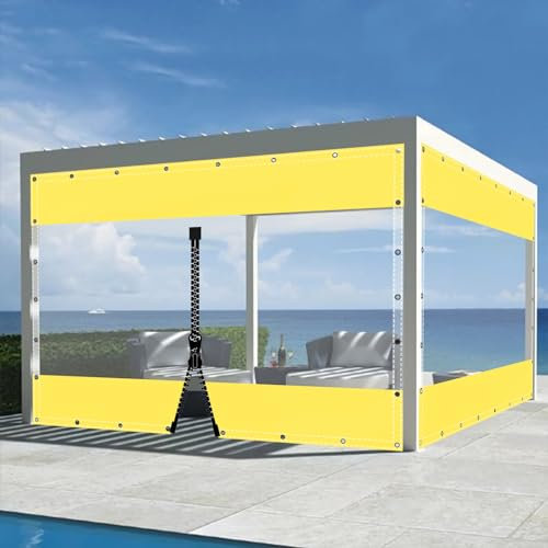 SDLLG Transparente Trennvorhänge mit Ösen, PVC Outdoor Planenvorhänge 0,5mm Klar Seitenplane für Pavillons, Pergola, Balkon e, Gärten,Vorbau 2x2.6m(HxL) Gelb mit 1 Reißverschluss