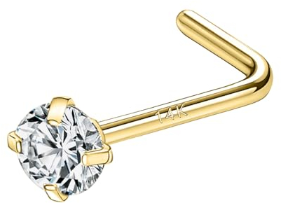 SYLWIA Piercing de nez en or véritable 14 carats, 20 g, 18 g, forme L, tire-bouchon, diamant simulé, zircon cubique, hypoallergénique calibre 18, 20, bague de nez pour femme, cadeau, 20g (0.8mm), Or