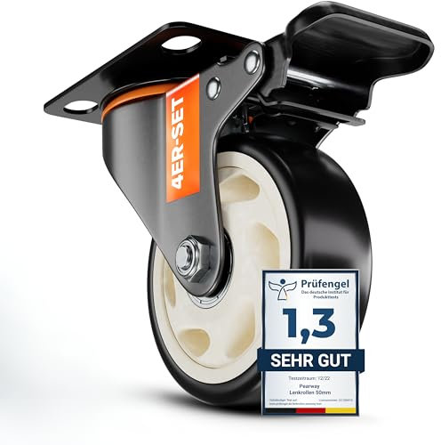 PEARWAY™ Schwerlastrollen 100mm - Tragkraft bis 600kg [4x Bremse] - extra leise & langlebig - Lenkrollen für Werkstatt, Möbel & Outdoor - Möbelrollen - Transportrollen Schwerlast - Rollen Schwerlast