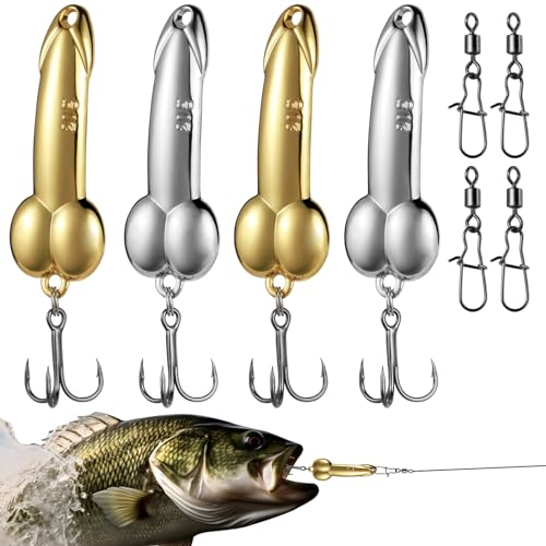 Annyswit 4 Pcs Metal Fish with Trebles Hooks & Rolling Fishing Swivels Zinc Alloy Spoon Fish Lure Gold Silver Sequin Fishing Tackle Tool for Deepwater Bait