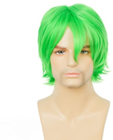 Siudus Grün Kurze Perücke mit Pony Herren Gerade Schichtweise Kunstfaser Anime Cosplay Kostüm Karneval Halloween Perücken