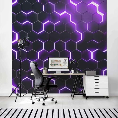 Bilderwelten Fototapete Gaming 192 x 192 cm Modern Neon-Lichter Muster Hexagone Vliestapete Tapete Wanddeko Ideen