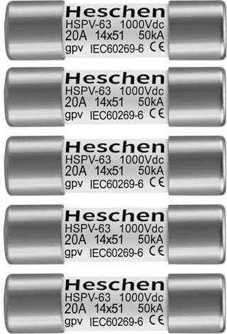 Heschen Solar DC1000V PV-Sicherung, Photovoltaik-Sicherungen, gPV-Typ-Sicherungsverbindung, HSPV-63, 14 x 51 mm,1000VDC, 50 kA, für Solar-PV-Systemschutz, 5 Stück (20A)