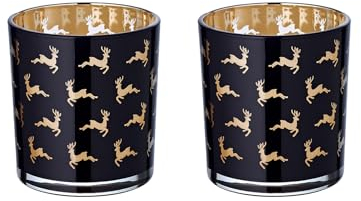 EDZARD 2er-Set Teelichtglas Luna (Höhe 8 cm), schwarz, Hirsch-Motiv