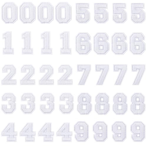 40 Pcs White Iron on Numbers White Number Patches 0-9 Patch Iron on Numbers for Jersey Sew on Embroidered Applique Patches for Fabric Clothing Shirts Baseball Football Jeans Hat Socks DIY Accessories
