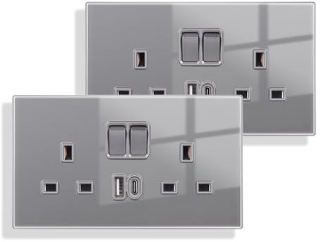JIMEIDA 2 Pack Grey Double Switched Socket 20W Fast Charging 13 Amp with USB A and USB C Charging Ports Crystal Glass Panel Wall Outlet,250V