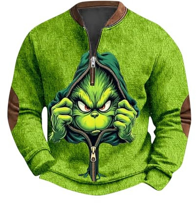 𝑮𝒓𝒊𝒏𝒄𝒉 Pullover Herren Weihnachtsdruck Lustig Weihnachtspullover Rundhals Henley Shirt Ugly Christmas Sweater Weihnachtspulli Langarm Sweatshirt 𝑮𝒓𝒊𝒏𝒄𝒉 Kostüm(#19 Light Green,L)