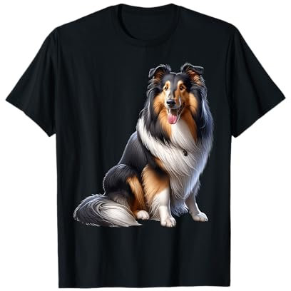 Langhaar Collie Design Damen Herren - Unisex T-Shirt - Schwarz - S - Kurzarm - Collie Motiv - Klassisch - Rundhals-Ausschnitt - Small - EU 40/42 - Mischgewebe