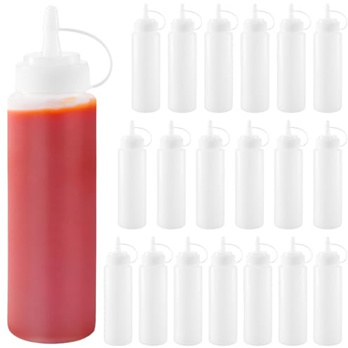 MOUYAT 20 PCS 250ml Sauce Bottles, 8oz Plastic Squeezy Bottles with Nozzles, Squeeze Condiment Bottle for Ketchup, Sauces, Dressings