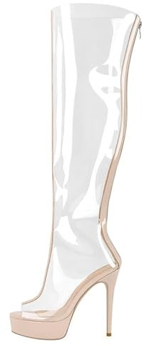blingqueen Damen Stiefel PVC Transparente Boots Peeptoe Plateau High Heels Overknee Sommerstiefel mit Reißverschluss Lack Beige 45 EU