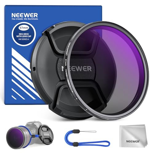 NEEWER Filtro ND Variabile ND2-32 (1-5 Stop) da 67mm con Copriobiettivo, Panno da Pulizia, Regolazione Precisa della Densità Neutra, Vetro Ottico Multistrato, Accessori per Fotografia Fotocamera