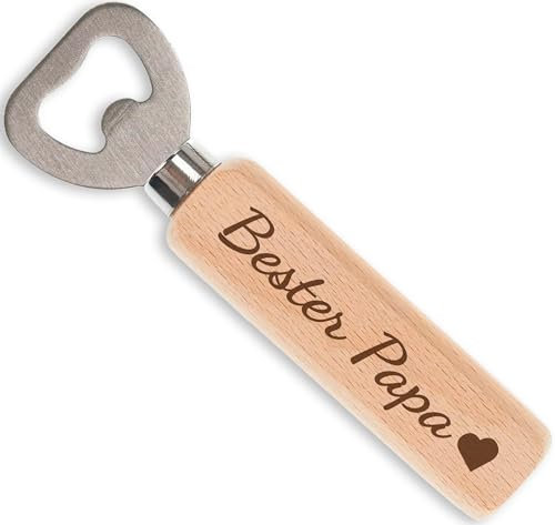 Flaschenöffner Papa mit Spruch Bester Papa - Bieröffner Holz mit Gravur - Geschenk für Papa Geburtstag Männer - Papa Geschenkideen Vatertag 14cm Edelstahl & Buchenholz (Bester Papa)