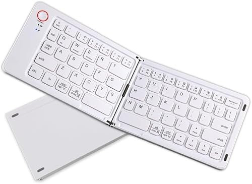 AMPLE Mini Foldable Bluetooth Keyboard - Wireless Keyboard with Holder Travel Portable Rechargeable Keypad for Android Windows iOS, Support 3 Devices (WHITE)