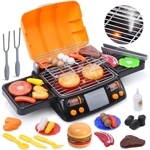 CUTE STONE Juego de Barbacoa Infantil, Parrilla de Juguete de 2 Niveles con Comida, Luz y Sonido, Accesorios de Cocina, Juguete de Cocina al Aire Libre para Niños y Niñas