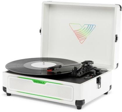 Journey Glow – Platine Vinyle Valise Lumineuse – 18 Effets Lumineux RGB, Modes de Pulsation Musicale, Haut-parleurs stéréo avec Basses améliorées, entrée et Sortie Bluetooth (Blanc)