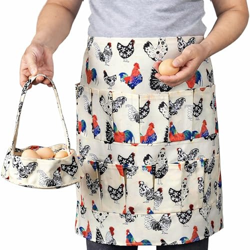 DASHUAIGE Eiersammel-Schürze mit Tragekorb Set, 15 Taschen-ArbeitsSchürze aus Segeltuch für frische Hühner-, Enten- & Gänseeier - Unisex für Bauernhof & Homestead
